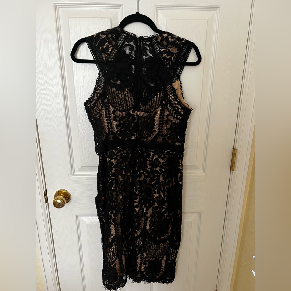 Lulus sweetness black lace w. nude underlay. Great wedding guest dress!